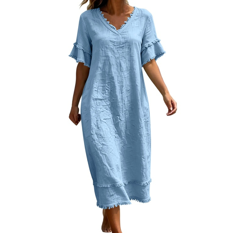 Women's V-Neck Tassel Loose-Fit Midi Dress