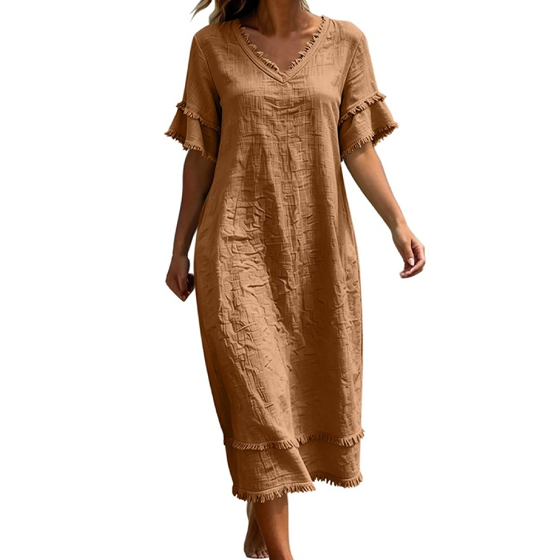 Women's V-Neck Tassel Loose-Fit Midi Dress