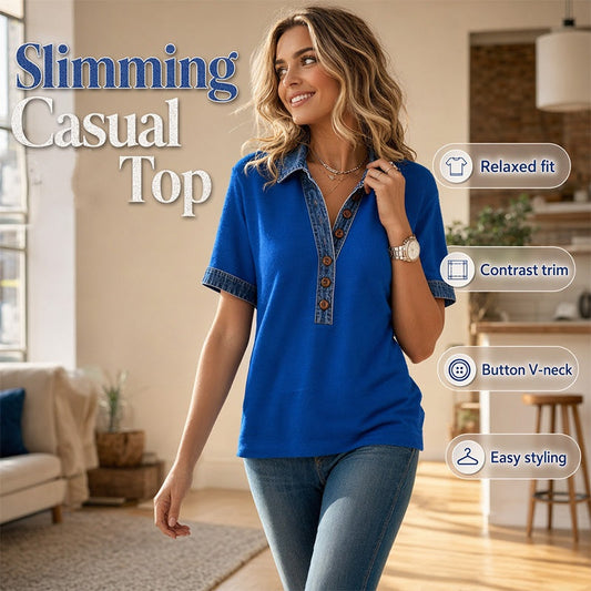 Women Denim Collar V-Neck Short Sleeve Shirt