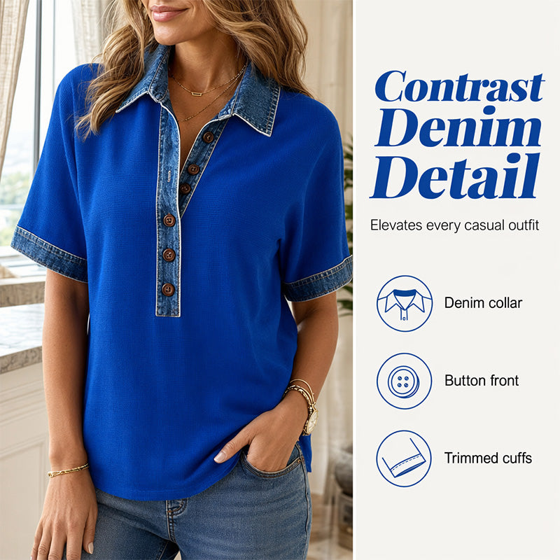 Women Denim Collar V-Neck Short Sleeve Shirt