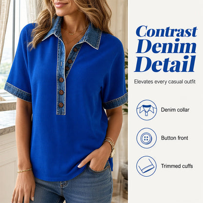 Women Denim Collar V-Neck Short Sleeve Shirt