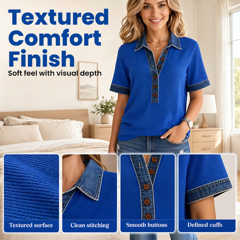 Women Denim Collar V-Neck Short Sleeve Shirt