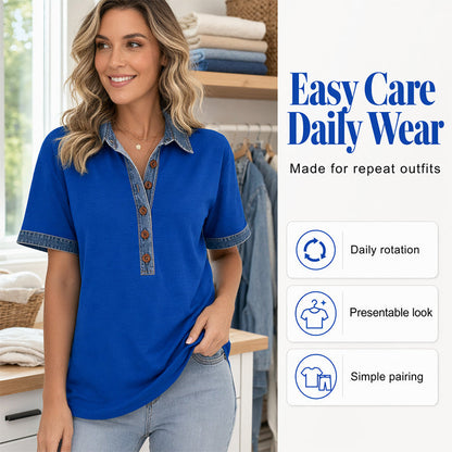 Women Denim Collar V-Neck Short Sleeve Shirt