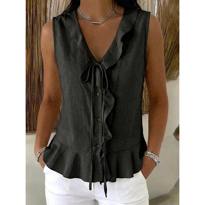 Women's Sleeveless Ruffle Trim V-Neck Top