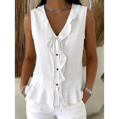 Women's Sleeveless Ruffle Trim V-Neck Top