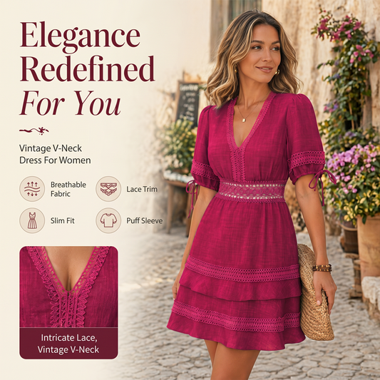 Women's V-Neck Lace Tiered Ruffle Dress