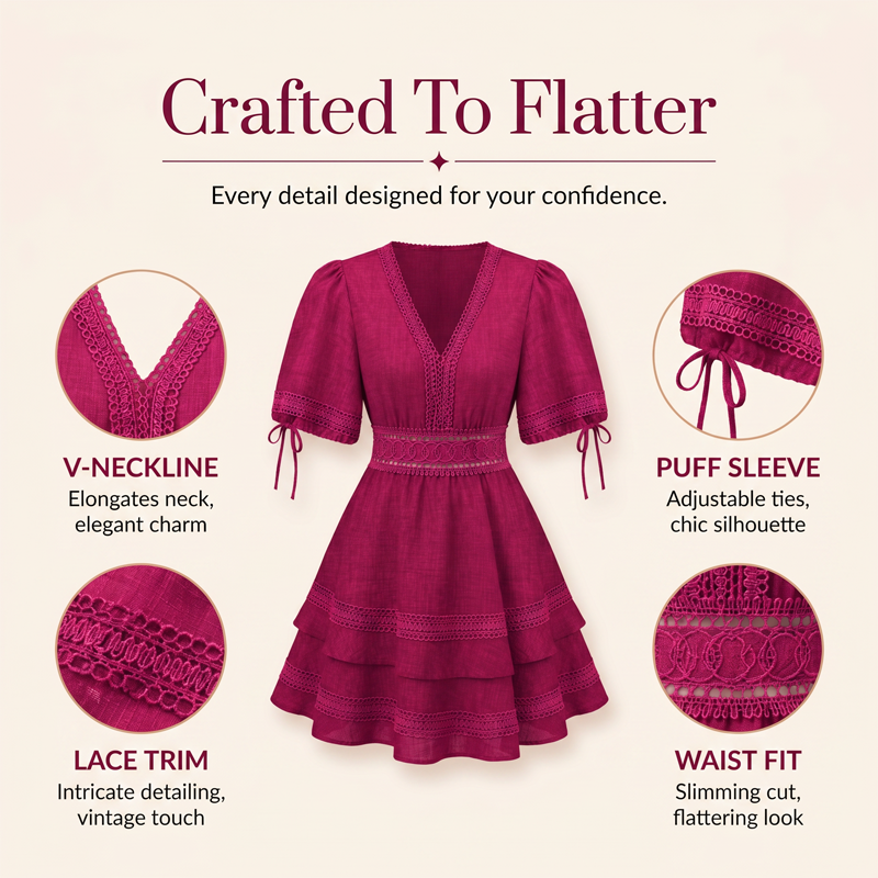 Women's V-Neck Lace Tiered Ruffle Dress