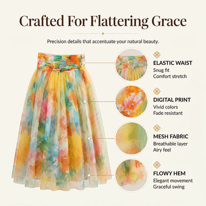 ⌛Limited-Time Offer-Women's Watercolor Floral Print Tulle Midi Skirt