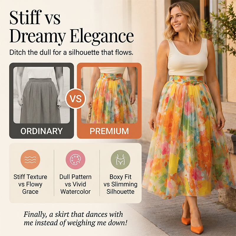 ⌛Limited-Time Offer-Women's Watercolor Floral Print Tulle Midi Skirt