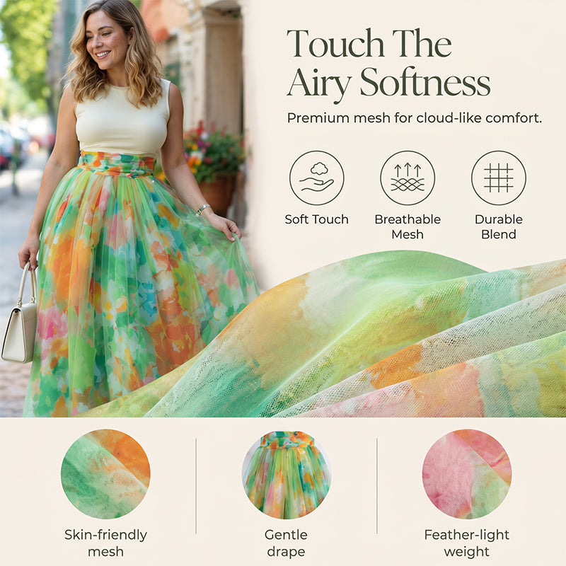 ⌛Limited-Time Offer-Women's Watercolor Floral Print Tulle Midi Skirt