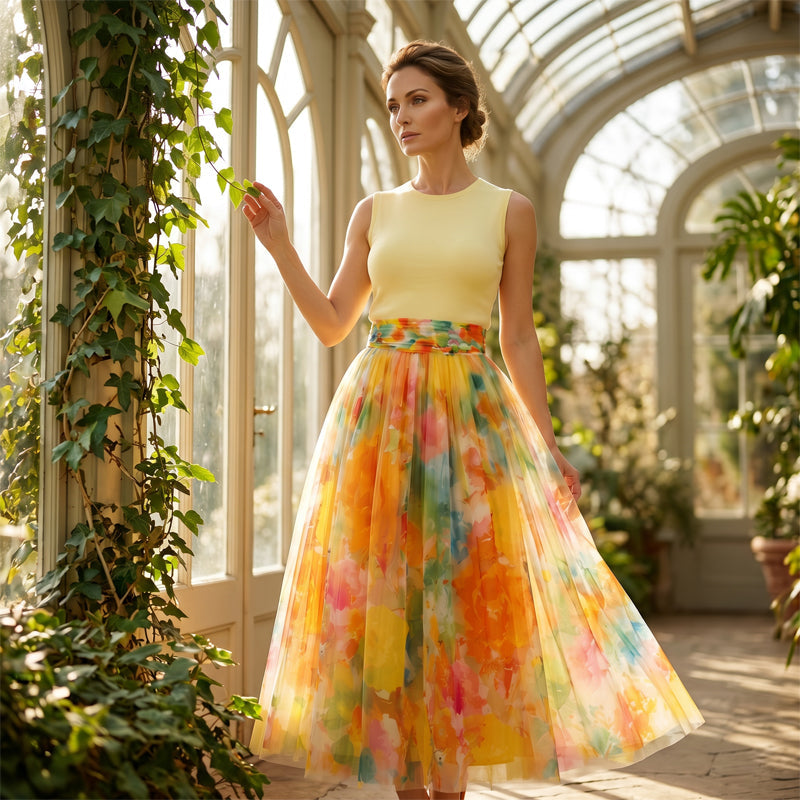 ⌛Limited-Time Offer-Women's Watercolor Floral Print Tulle Midi Skirt
