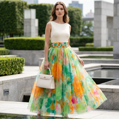 ⌛Limited-Time Offer-Women's Watercolor Floral Print Tulle Midi Skirt