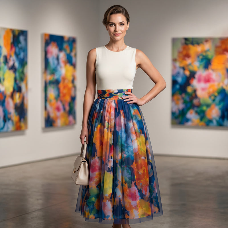 ⌛Limited-Time Offer-Women's Watercolor Floral Print Tulle Midi Skirt