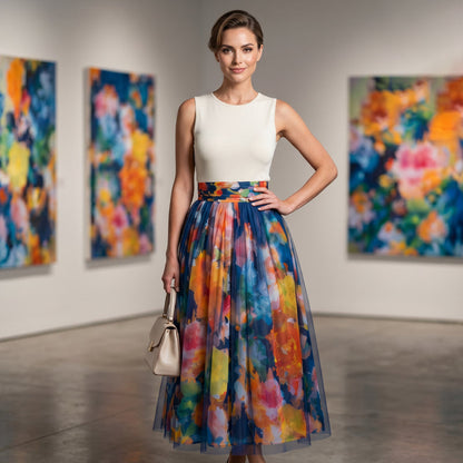 ⌛Limited-Time Offer-Women's Watercolor Floral Print Tulle Midi Skirt