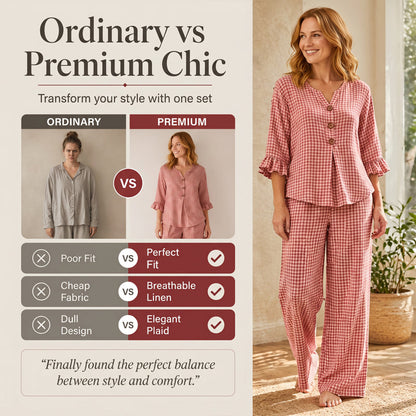 Women's Plaid Ruffle Sleeve V-Neck Top & Pants Set