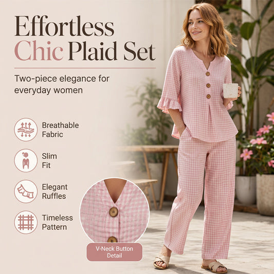Women's Plaid Ruffle Sleeve V-Neck Top & Pants Set