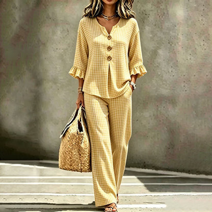 Women's Plaid Ruffle Sleeve V-Neck Top & Pants Set