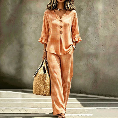 Women's Plaid Ruffle Sleeve V-Neck Top & Pants Set