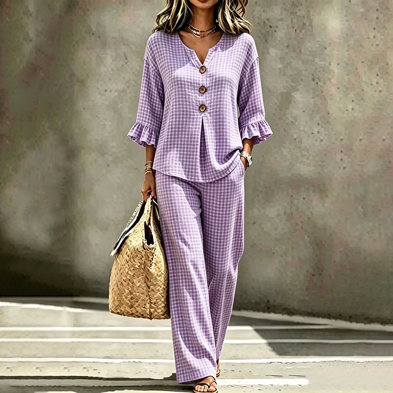 Women's Plaid Ruffle Sleeve V-Neck Top & Pants Set