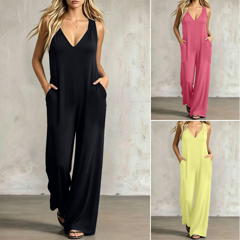 👗 50% OFF NOW! 🌊 Women's Effortless Summer V-Neck Jumpsuit – Relaxed Wide Leg, Deep Side Pockets & Attached Hood – Beach to Dinner Ready ☀️