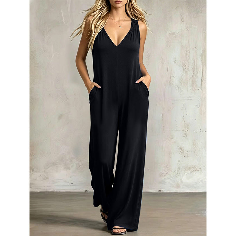 👗 50% OFF NOW! 🌊 Women's Effortless Summer V-Neck Jumpsuit – Relaxed Wide Leg, Deep Side Pockets & Attached Hood – Beach to Dinner Ready ☀️