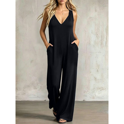 👗 50% OFF NOW! 🌊 Women's Effortless Summer V-Neck Jumpsuit – Relaxed Wide Leg, Deep Side Pockets & Attached Hood – Beach to Dinner Ready ☀️