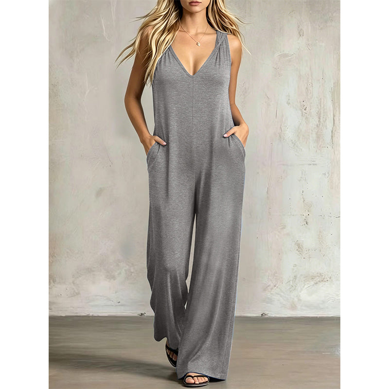 👗 50% OFF NOW! 🌊 Women's Effortless Summer V-Neck Jumpsuit – Relaxed Wide Leg, Deep Side Pockets & Attached Hood – Beach to Dinner Ready ☀️