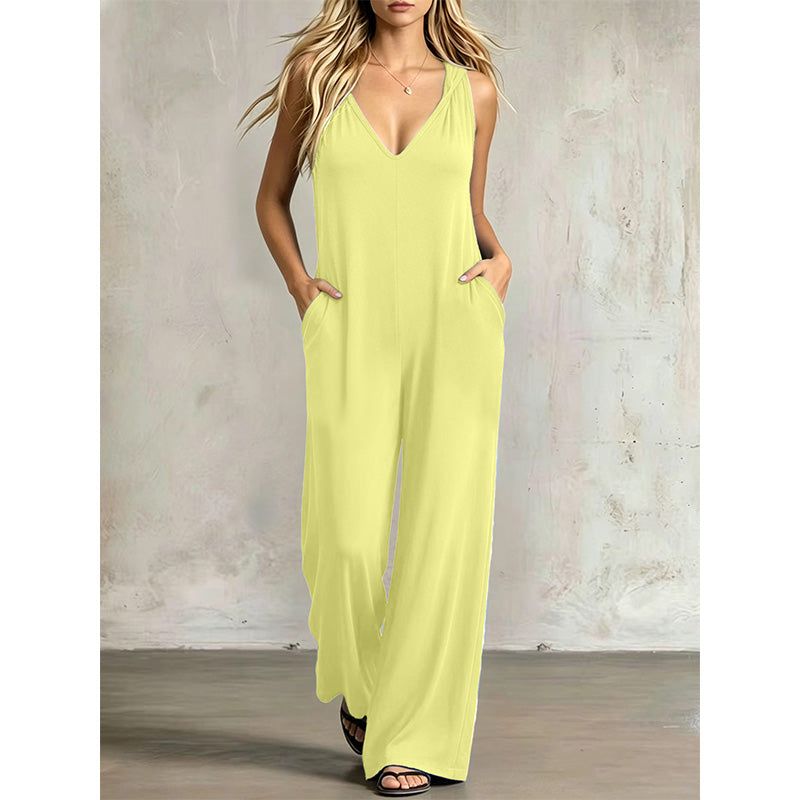 👗 50% OFF NOW! 🌊 Women's Effortless Summer V-Neck Jumpsuit – Relaxed Wide Leg, Deep Side Pockets & Attached Hood – Beach to Dinner Ready ☀️