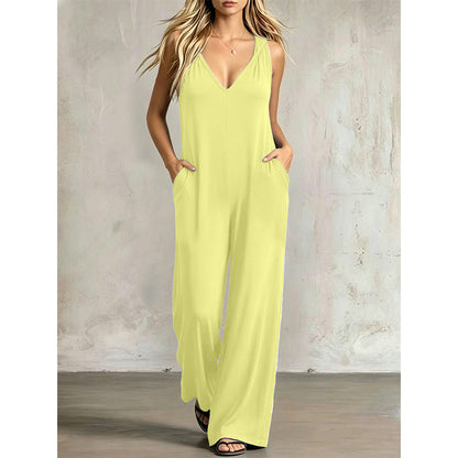 👗 50% OFF NOW! 🌊 Women's Effortless Summer V-Neck Jumpsuit – Relaxed Wide Leg, Deep Side Pockets & Attached Hood – Beach to Dinner Ready ☀️