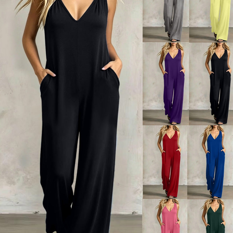 👗 50% OFF NOW! 🌊 Women's Effortless Summer V-Neck Jumpsuit – Relaxed Wide Leg, Deep Side Pockets & Attached Hood – Beach to Dinner Ready ☀️
