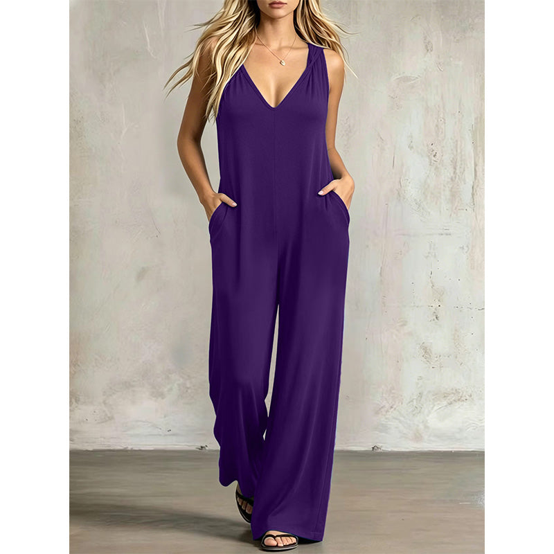 👗 50% OFF NOW! 🌊 Women's Effortless Summer V-Neck Jumpsuit – Relaxed Wide Leg, Deep Side Pockets & Attached Hood – Beach to Dinner Ready ☀️