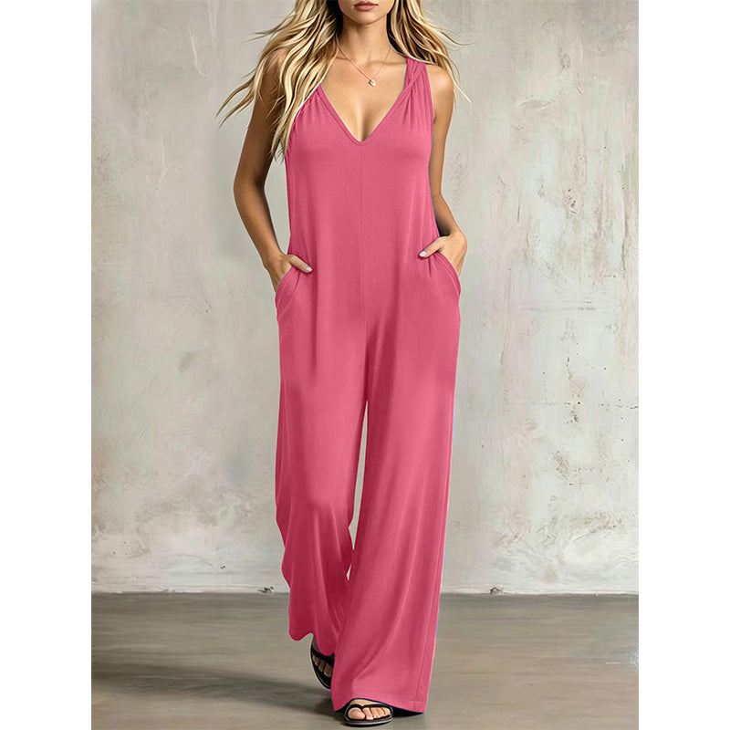 👗 50% OFF NOW! 🌊 Women's Effortless Summer V-Neck Jumpsuit – Relaxed Wide Leg, Deep Side Pockets & Attached Hood – Beach to Dinner Ready ☀️