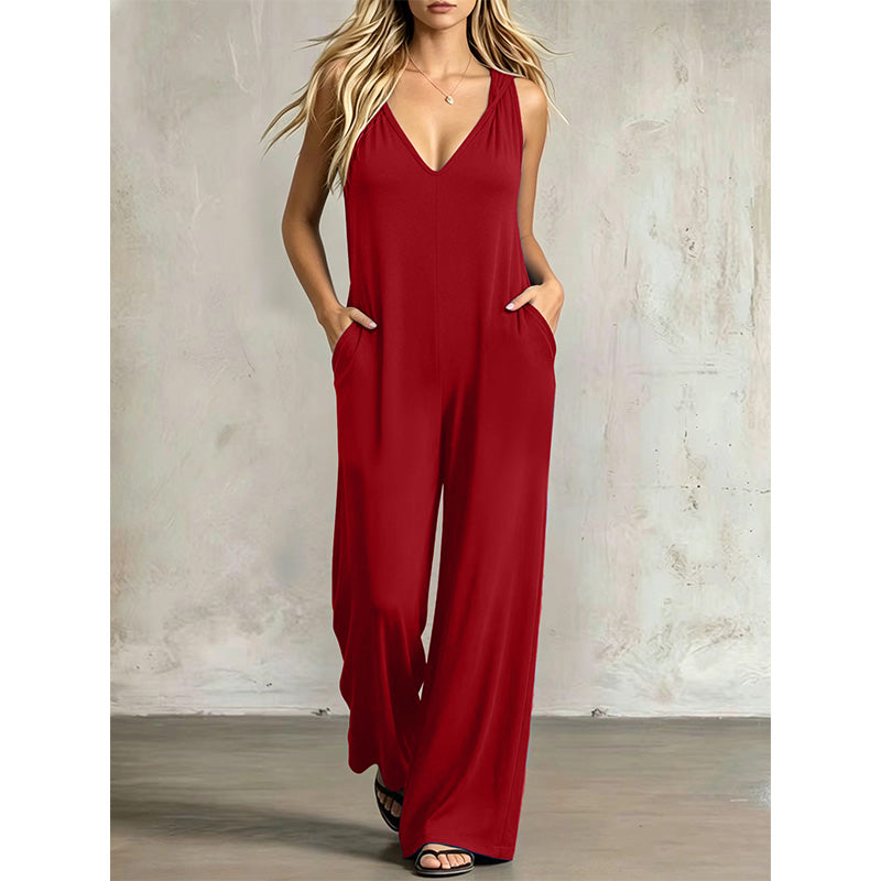 👗 50% OFF NOW! 🌊 Women's Effortless Summer V-Neck Jumpsuit – Relaxed Wide Leg, Deep Side Pockets & Attached Hood – Beach to Dinner Ready ☀️