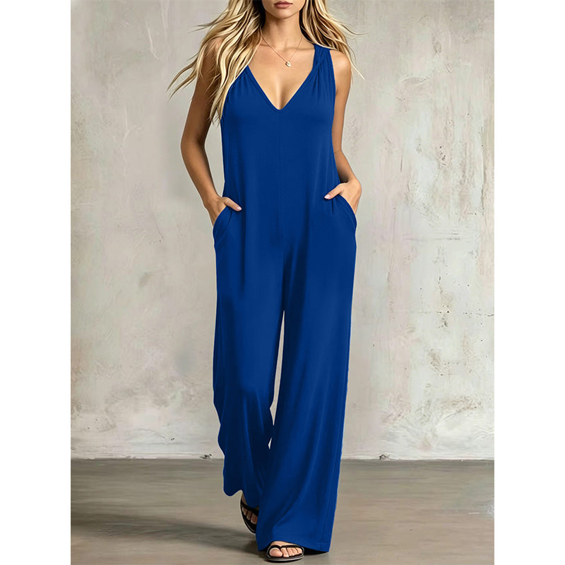 👗 50% OFF NOW! 🌊 Women's Effortless Summer V-Neck Jumpsuit – Relaxed Wide Leg, Deep Side Pockets & Attached Hood – Beach to Dinner Ready ☀️