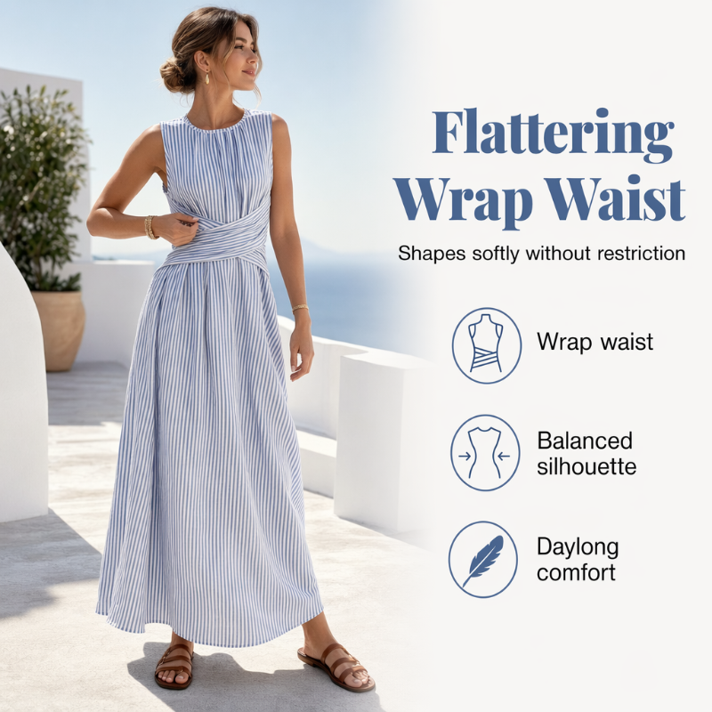 ⏳ TIME-LIMITED SPECIAL 50% OFF! ⏰ Women Casual Striped Maxi Dress Sleeveless – Waist-Defining Tie & Flowy Hem 👗