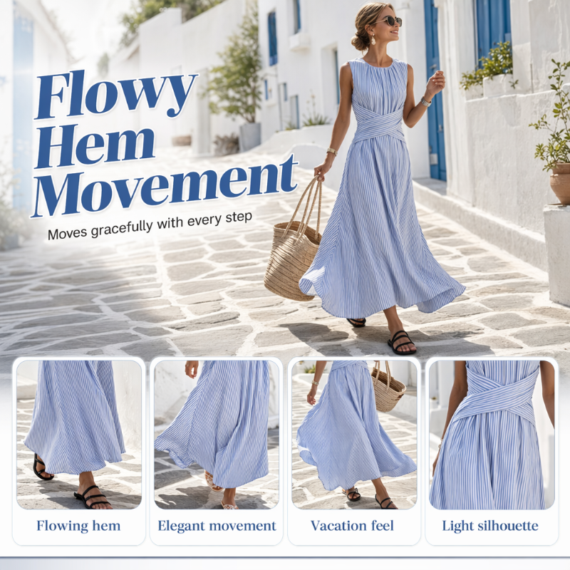 ⏳ TIME-LIMITED SPECIAL 50% OFF! ⏰ Women Casual Striped Maxi Dress Sleeveless – Waist-Defining Tie & Flowy Hem 👗