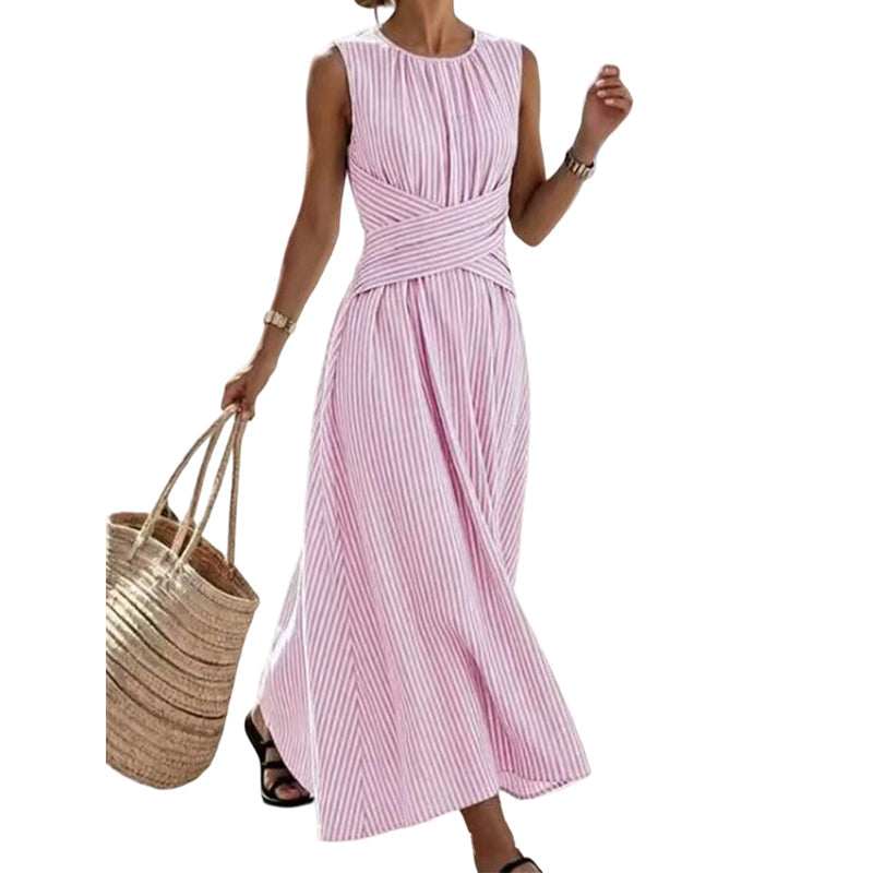 ⏳ TIME-LIMITED SPECIAL 50% OFF! ⏰ Women Casual Striped Maxi Dress Sleeveless – Waist-Defining Tie & Flowy Hem 👗
