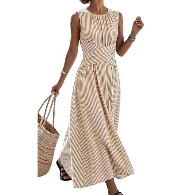 ⏳ TIME-LIMITED SPECIAL 50% OFF! ⏰ Women Casual Striped Maxi Dress Sleeveless – Waist-Defining Tie & Flowy Hem 👗