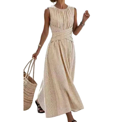 ⏳ TIME-LIMITED SPECIAL 50% OFF! ⏰ Women Casual Striped Maxi Dress Sleeveless – Waist-Defining Tie & Flowy Hem 👗