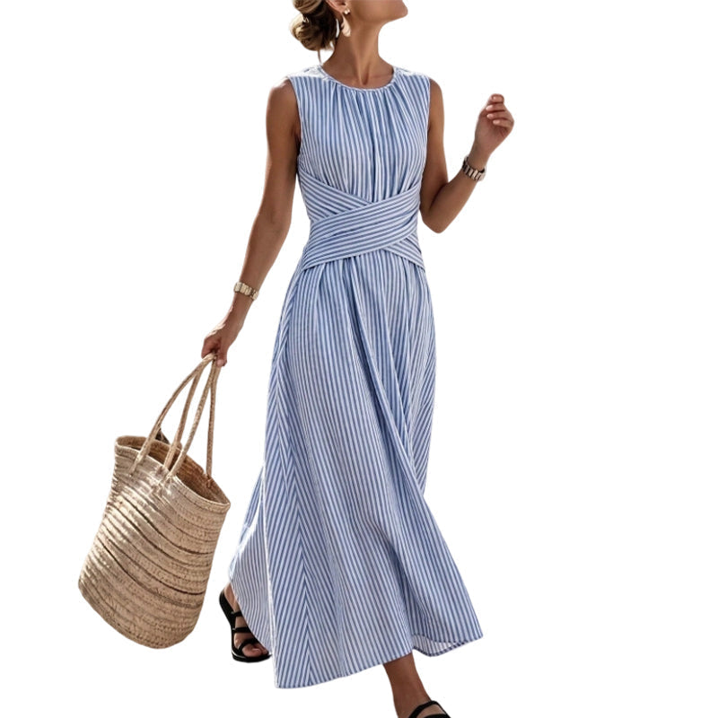 ⏳ TIME-LIMITED SPECIAL 50% OFF! ⏰ Women Casual Striped Maxi Dress Sleeveless – Waist-Defining Tie & Flowy Hem 👗