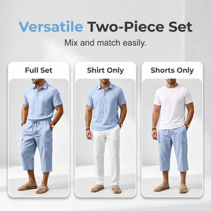 👕Men Summer Linen Set Loose Shirt and Cargo Shorts Two Piece Outfit