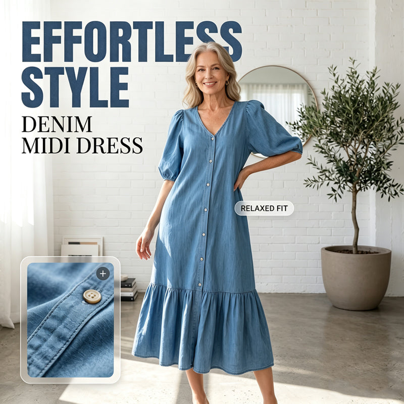 Women's V-Neck Single-Breasted Short-Sleeved Dress