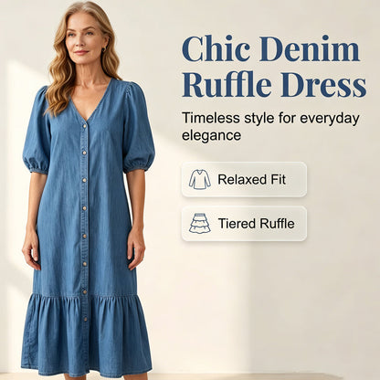 Women's V-Neck Single-Breasted Short-Sleeved Dress