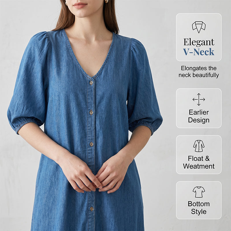 Women's V-Neck Single-Breasted Short-Sleeved Dress