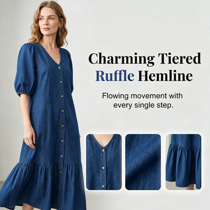 Women's V-Neck Single-Breasted Short-Sleeved Dress