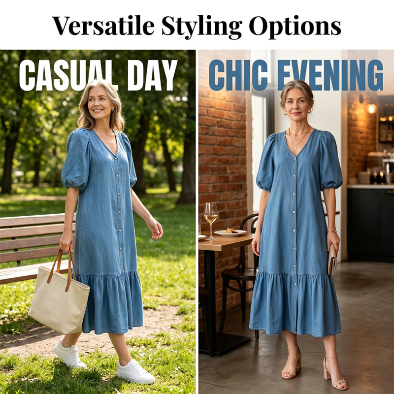 Women's V-Neck Single-Breasted Short-Sleeved Dress