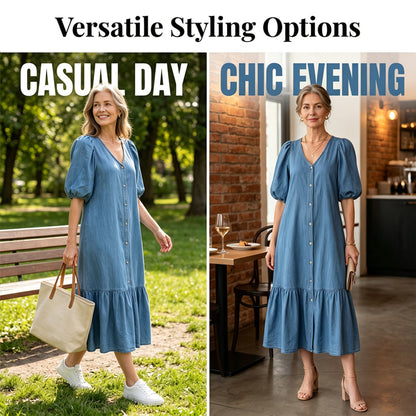 Women's V-Neck Single-Breasted Short-Sleeved Dress