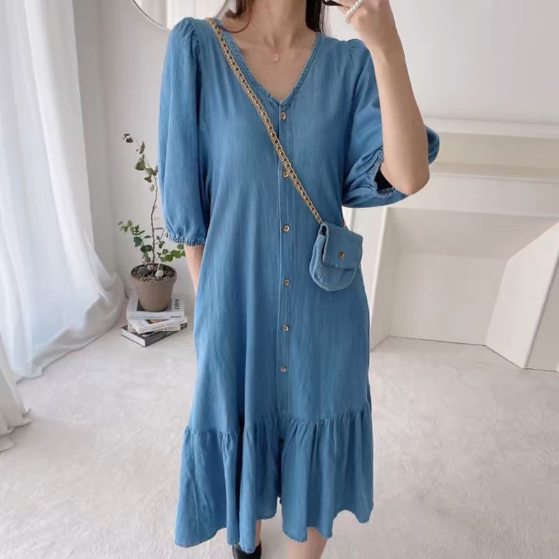 Women's V-Neck Single-Breasted Short-Sleeved Dress