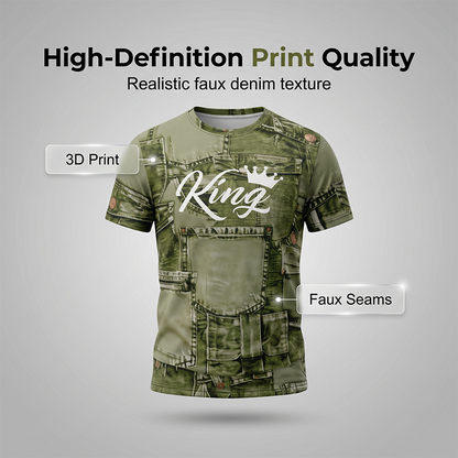 Mens Casual Faux Denim Print T Shirt Shorts Set