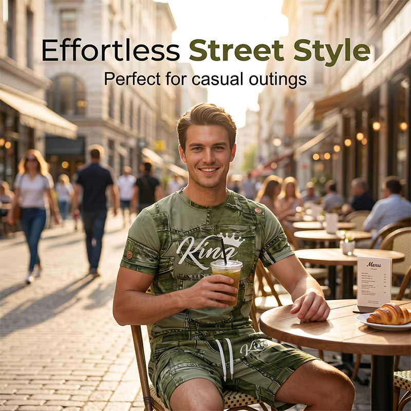 Mens Casual Faux Denim Print T Shirt Shorts Set
